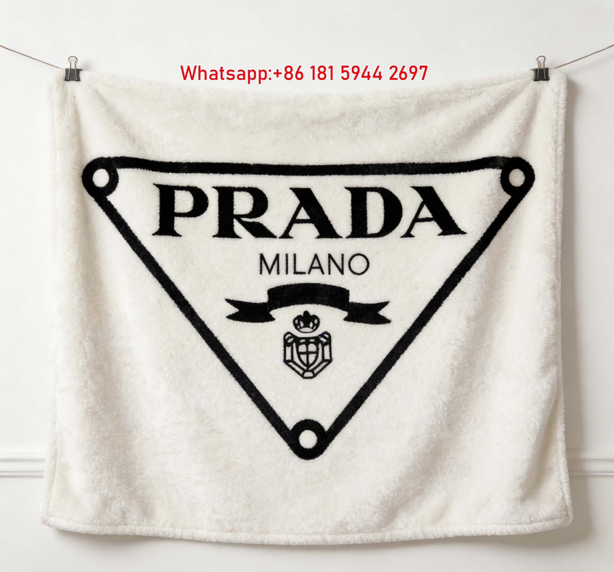 Prada Classic Milano Logo Black White Print Fleece Sofa Throw Blanket IMG_2693